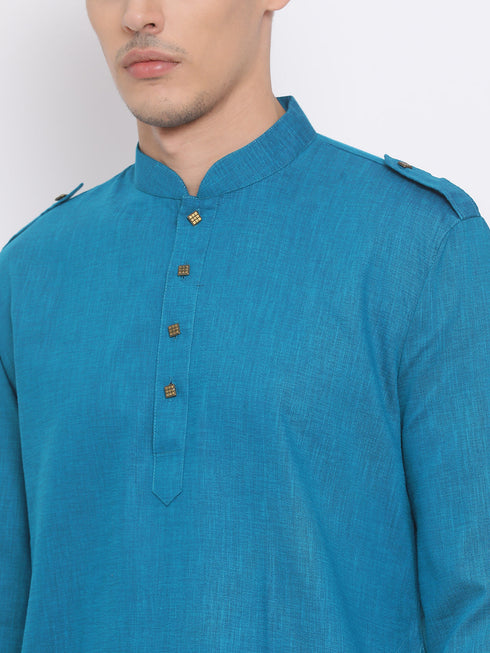 Vastramay Men's Turquoise Blue Cotton Blend Kurta and White Dhoti Set